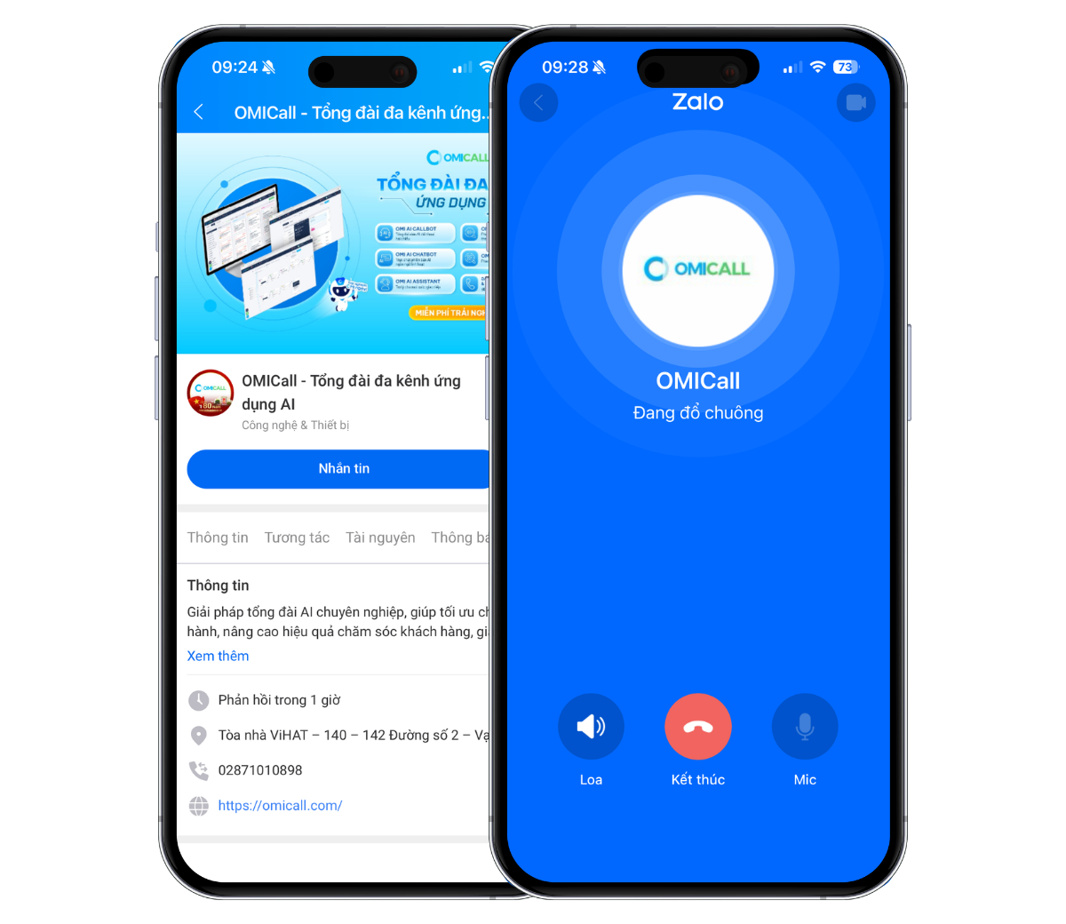 OMIZCC – Cuộc gọi Zalo Cloud Connect: Zalo OA OMICall và màn hình cuộc gọi đang đổ chuông