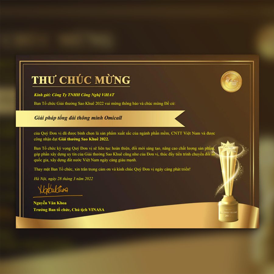 Thư chúc mừng giải thưởng Sao Khuê 2022 — Giải pháp tổng đài thông minh OMICall