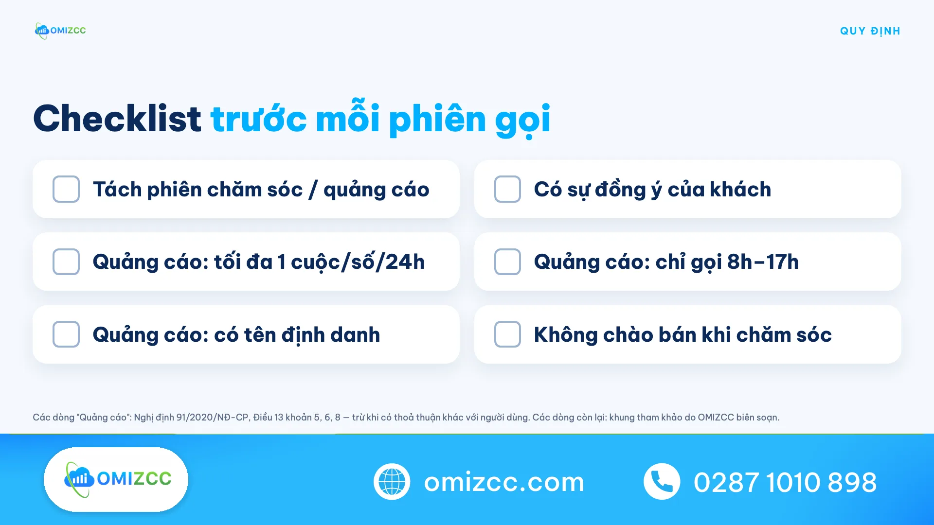 Checklist trước mỗi phiên cuộc gọi tự động theo Nghị định 91/2020
