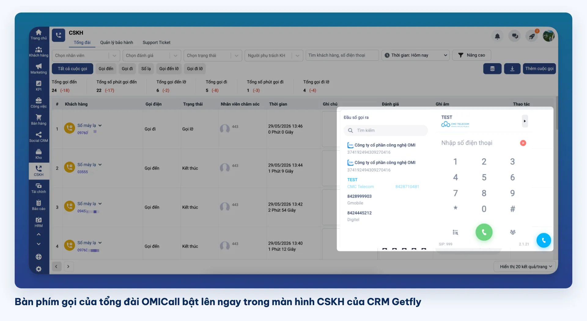 Bàn phím gọi click to call của tổng đài OMICall hiện ngay trong CRM Getfly