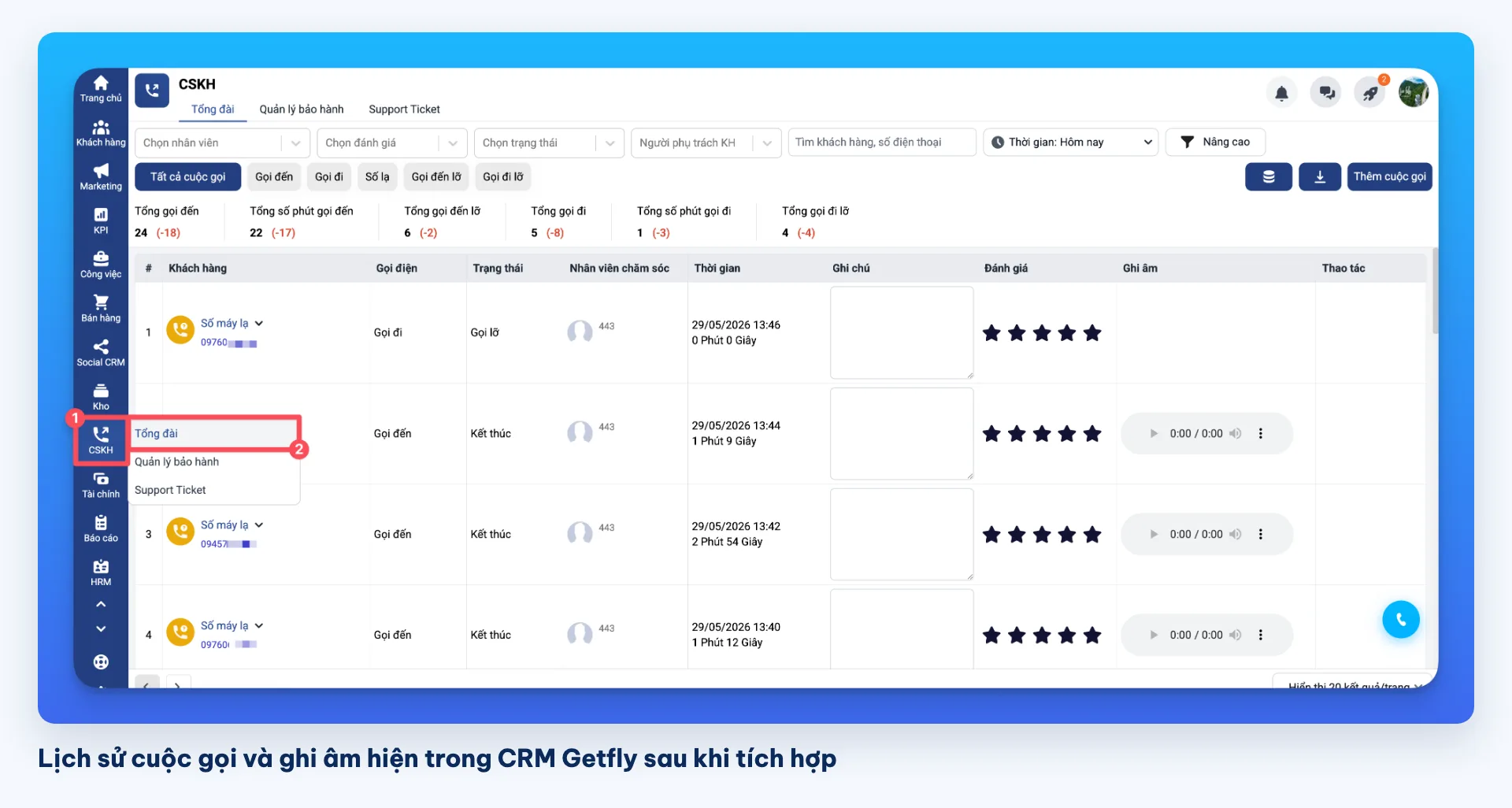 Lịch sử cuộc gọi và ghi âm hiện trong CRM Getfly sau khi tích hợp tổng đài OMICall