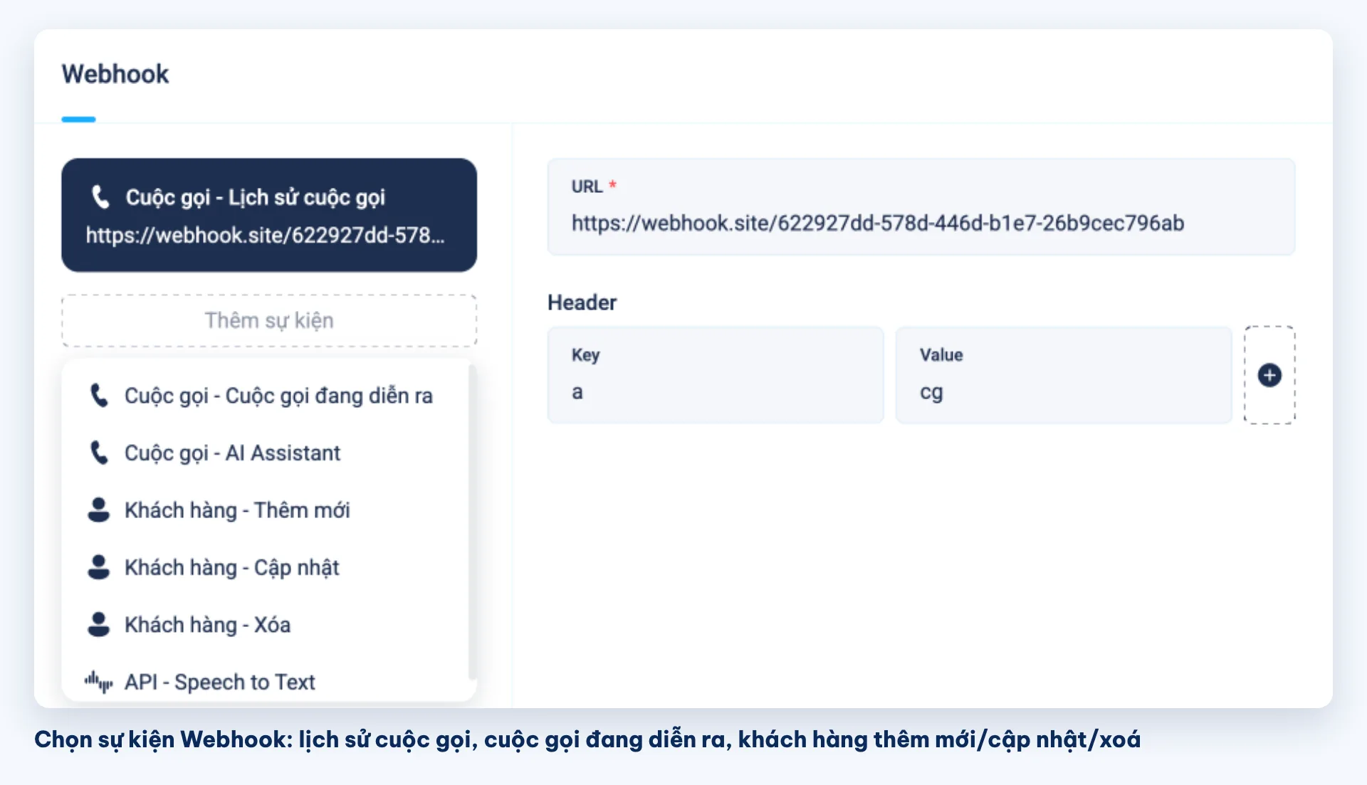 Cấu hình Webhook cuộc gọi trên tổng đài OMICall: lịch sử cuộc gọi, cuộc gọi đang diễn ra, khách hàng